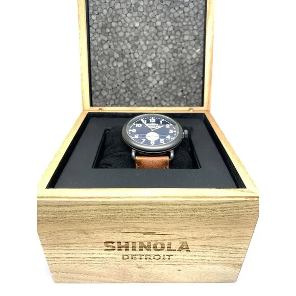 Shinola Men's Watch S0120065287 Runwell Quartz Blue Dial Brown Leather 47mm